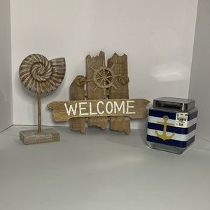 Ocean decor: set of 3 wooden sign, wooden sea shell art & blue & white glass jar